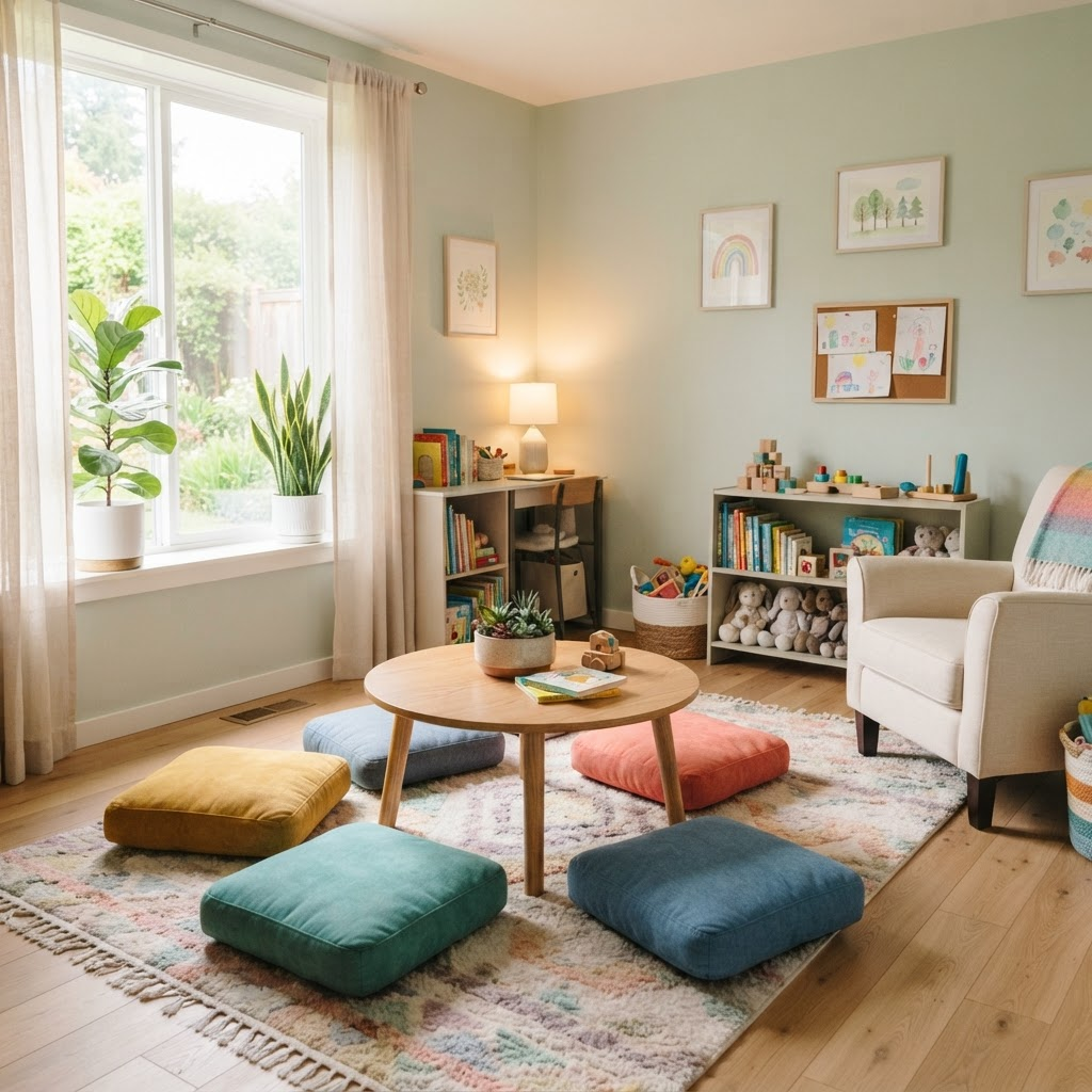 A warm, child-friendly therapy room at Rivkids Family Psychology in Wagga Wagga