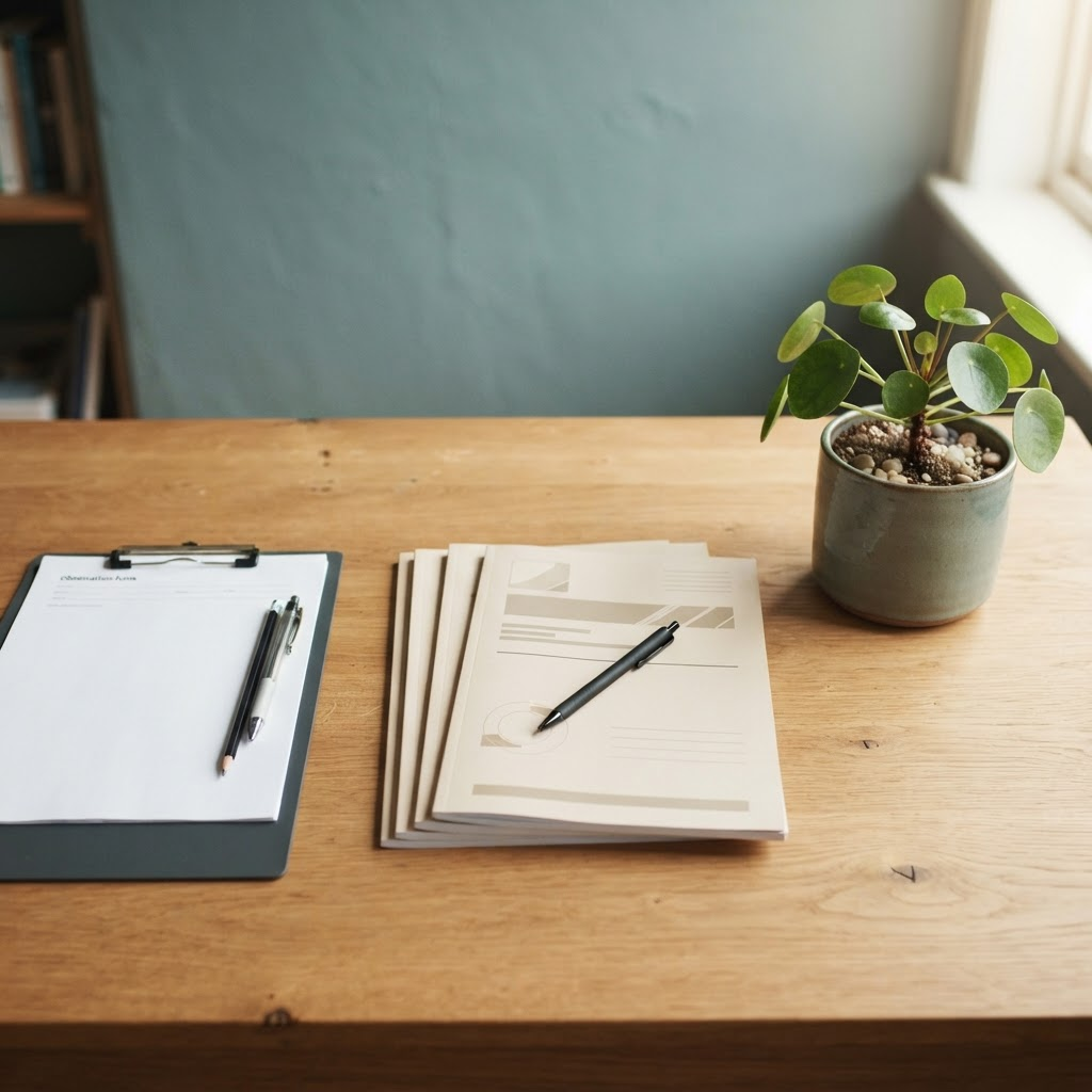 Assessment desk with standardised test materials and a clipboard