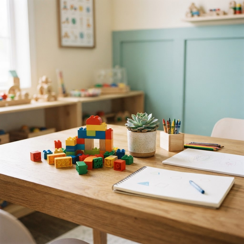 Child psychology therapy materials including building blocks and drawing supplies