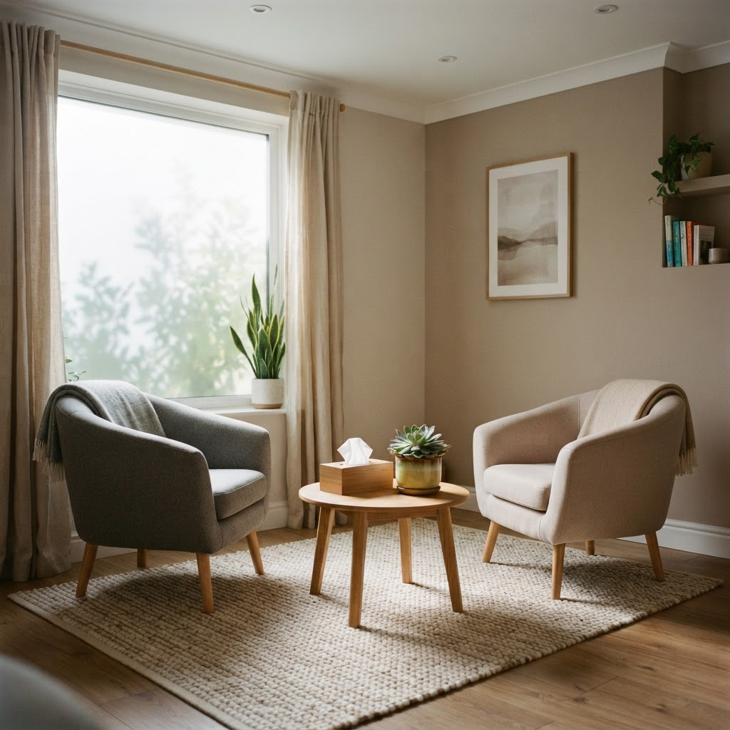 A calm counselling room set up for family therapy sessions